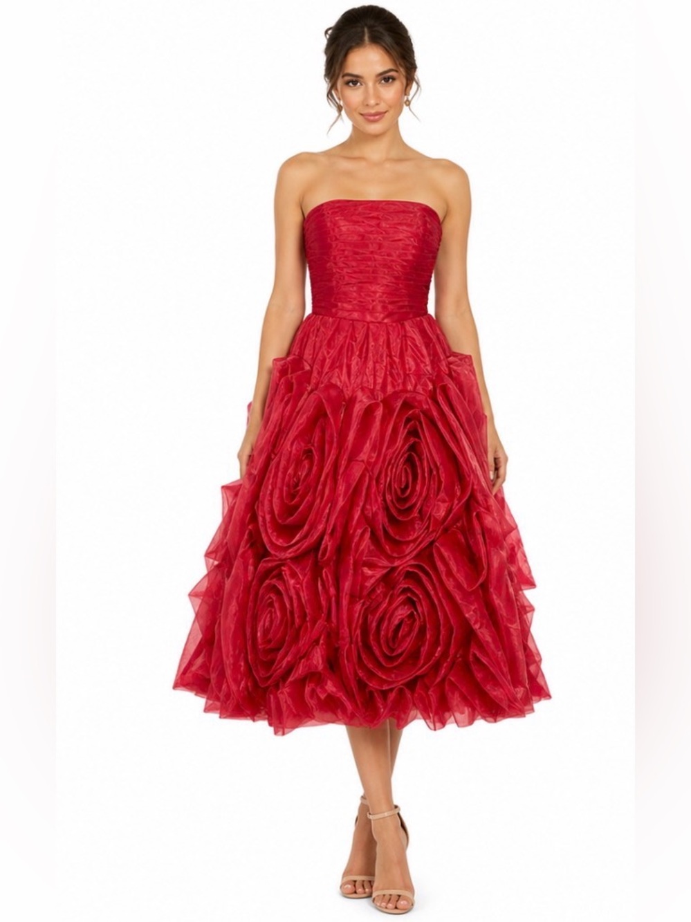 NWT $298 Strapless Deep Red Rosette 3D Chiffon Organza Tea-Length Midi Dress